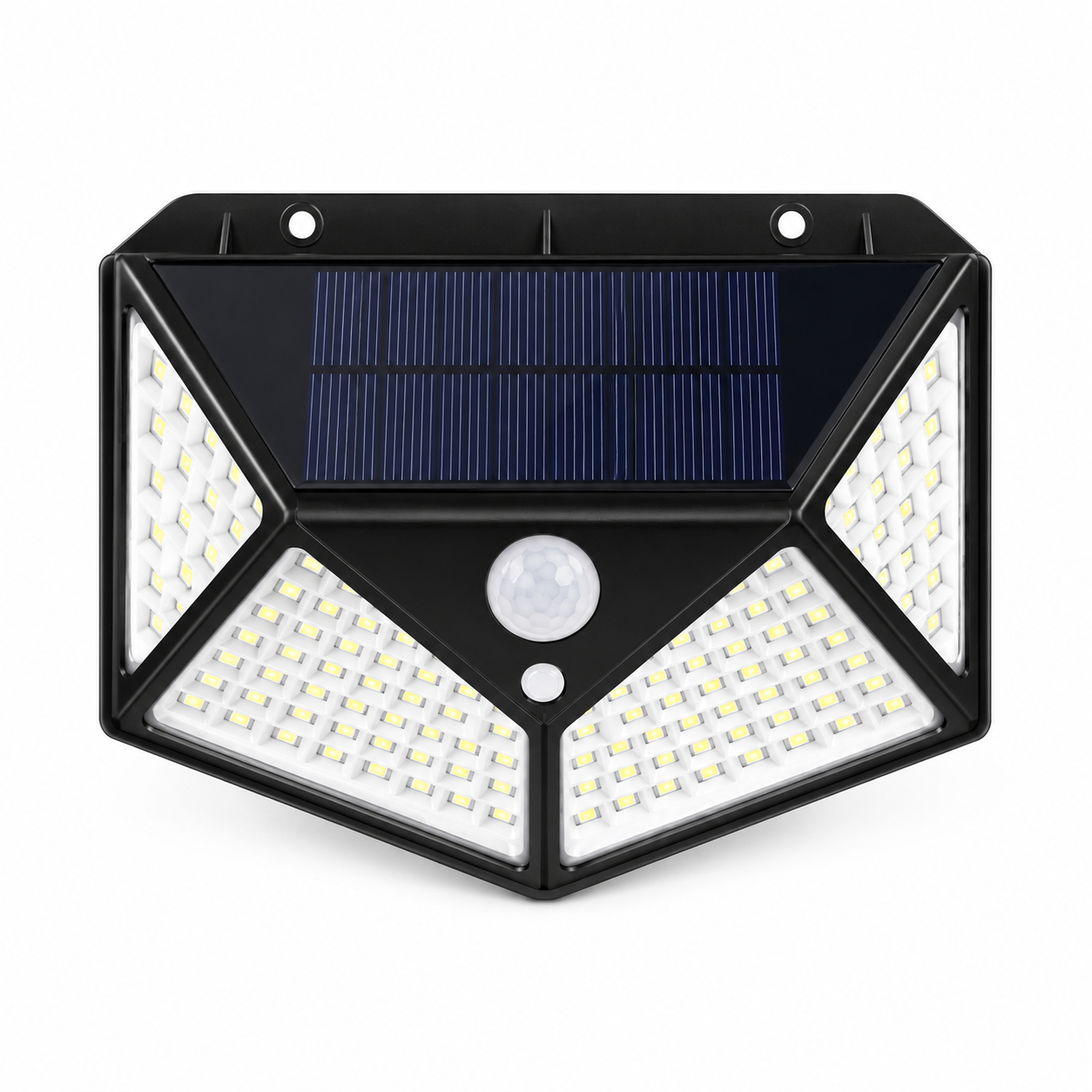 lampe solaire murale 100 LED 4 faces flat lay fond blanc produit