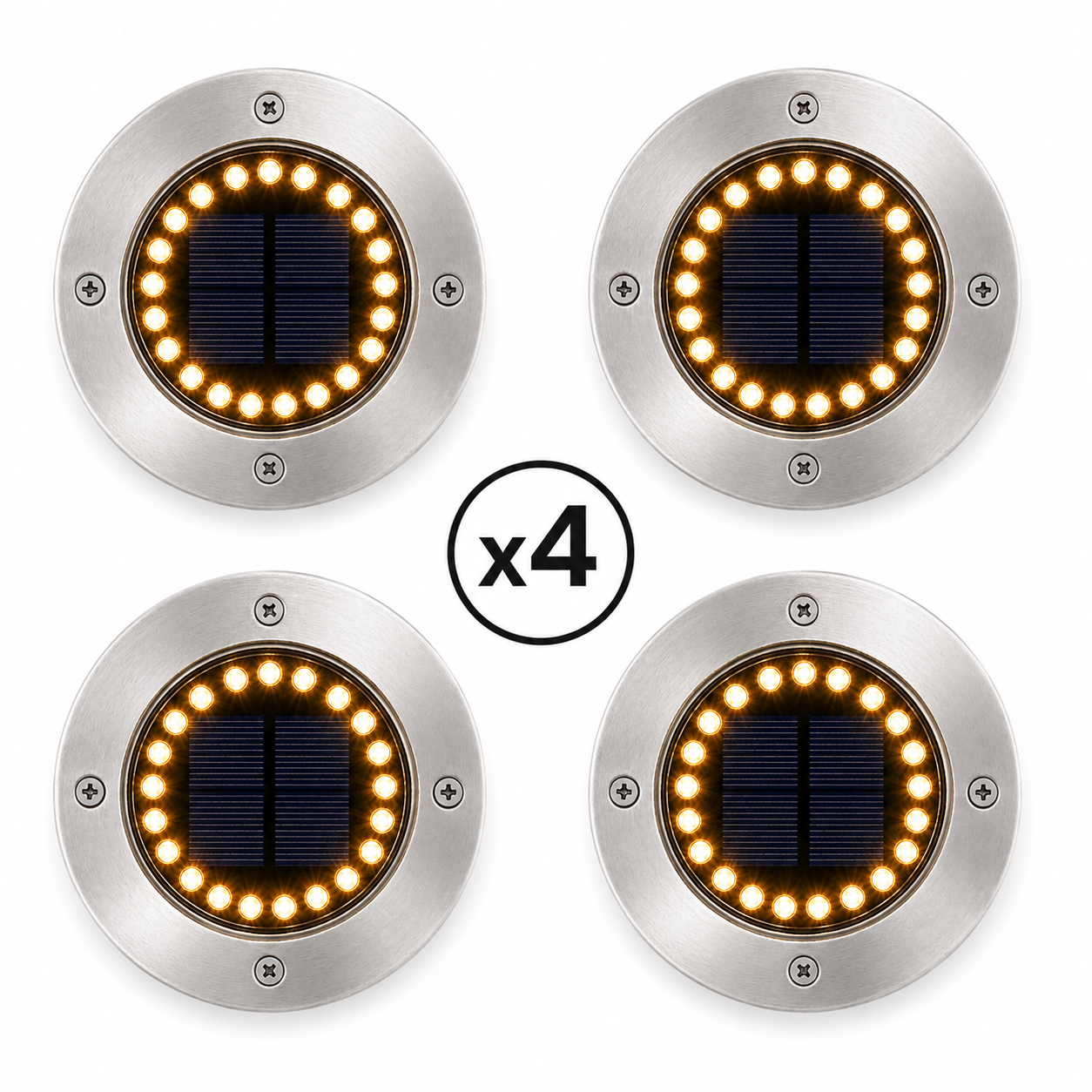 Lot de 4 spots solaires jardin inox 20 LED blanc chaud