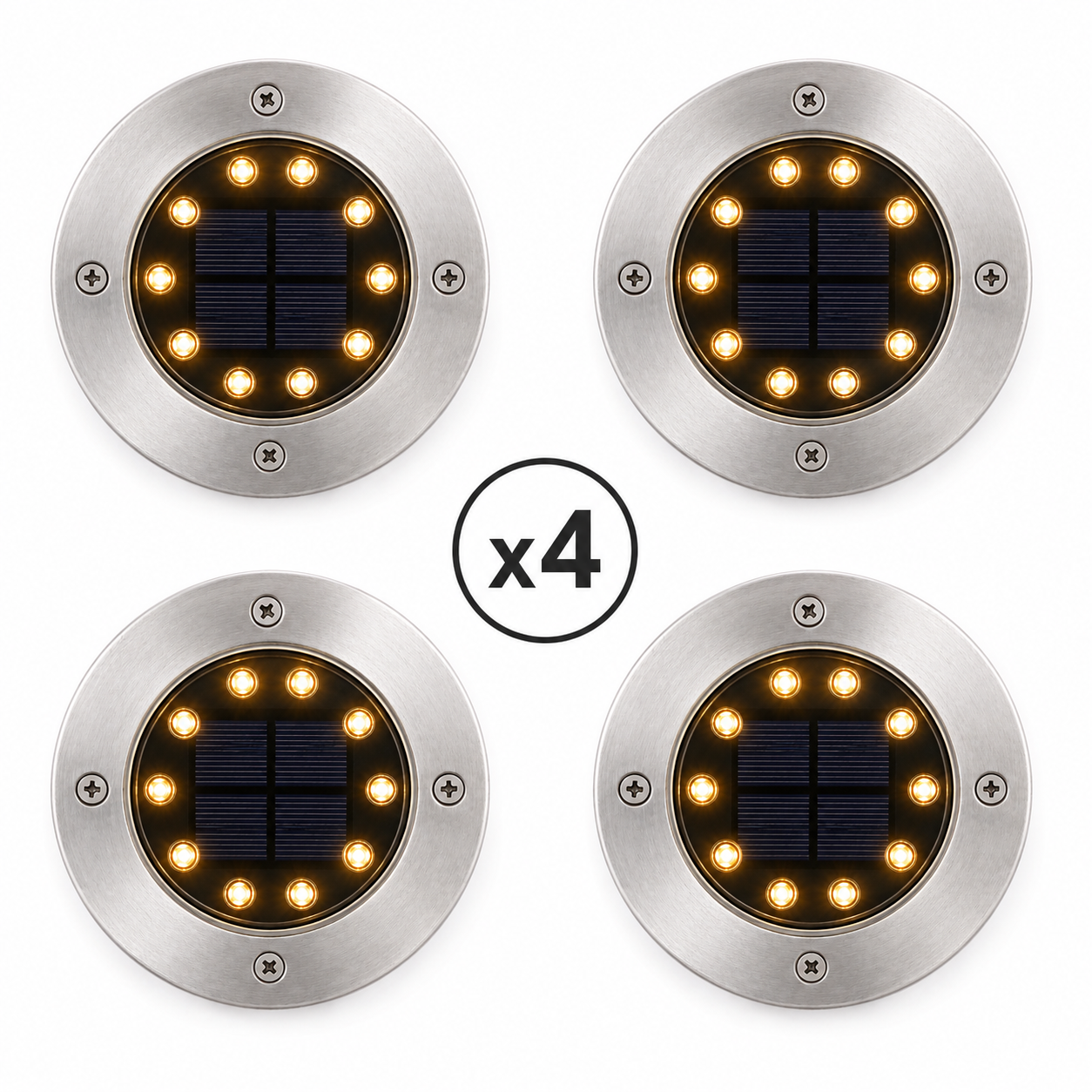 Lot de 4 spots solaires jardin inox 8 LED blanc chaud