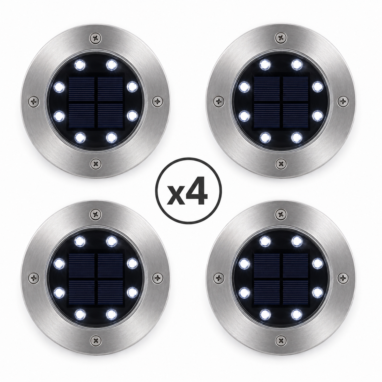 Lot de 4 spots solaires jardin inox 8 LED blanc froid