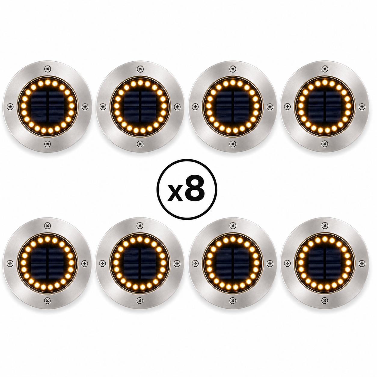 Lot de 8 spots solaires jardin inox 20 LED blanc chaud