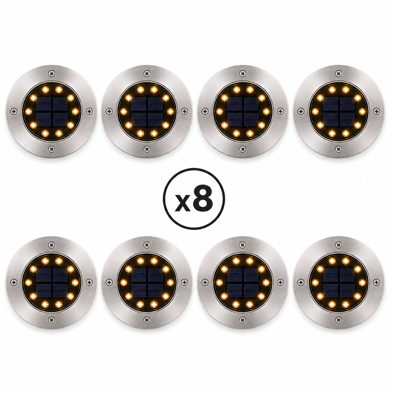 Lot de 8 spots solaires jardin inox 8 LED blanc chaud