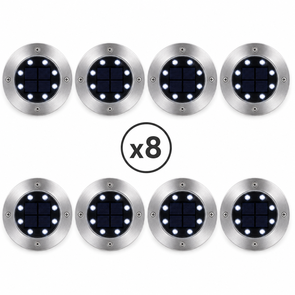 Lot de 8 spots solaires jardin inox 8 LED blanc froid