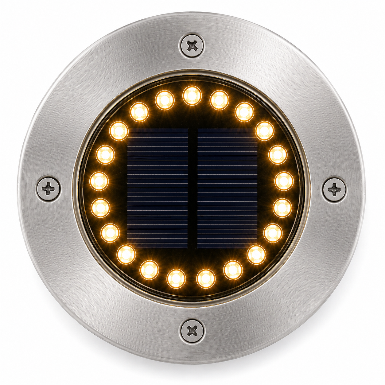 Gros plan spot solaire jardin inox 20 LED blanc chaud allumé vue dessus