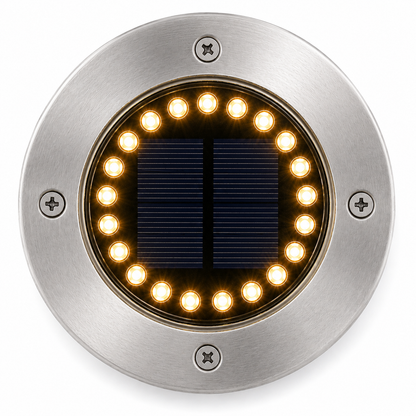Gros plan spot solaire jardin inox 20 LED blanc chaud allumé vue dessus