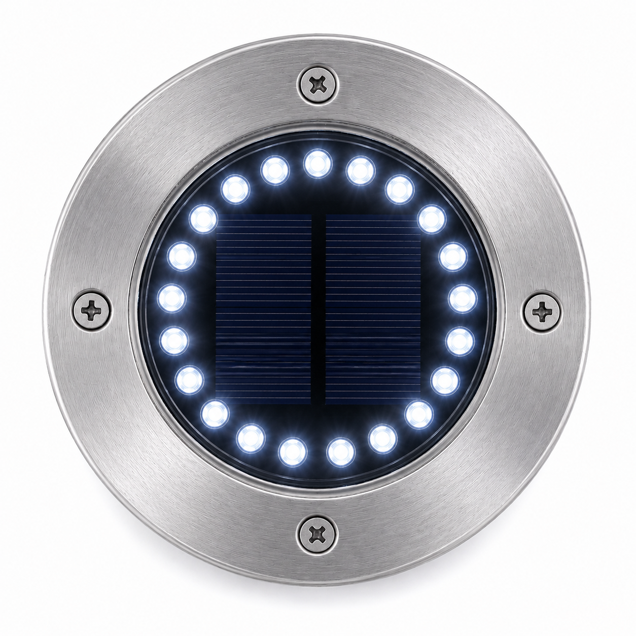 Gros plan spot solaire jardin inox 20 LED blanc froid allumé vue dessus