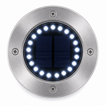 Gros plan spot solaire jardin inox 20 LED blanc froid allumé vue dessus