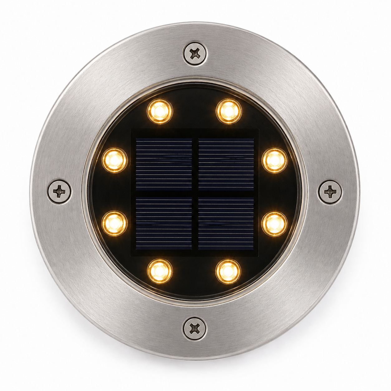 Gros plan spot solaire jardin inox 8 LED blanc chaud allumé vue dessus