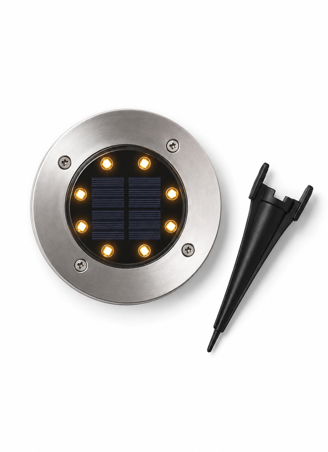 Spot solaire jardin inox 8 LED blanc chaud avec piquet de fixation inclus