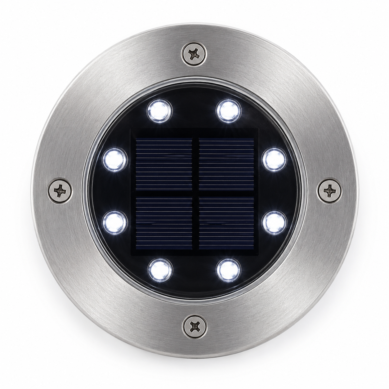 Gros plan spot solaire jardin inox 8 LED blanc froid allumé vue dessus