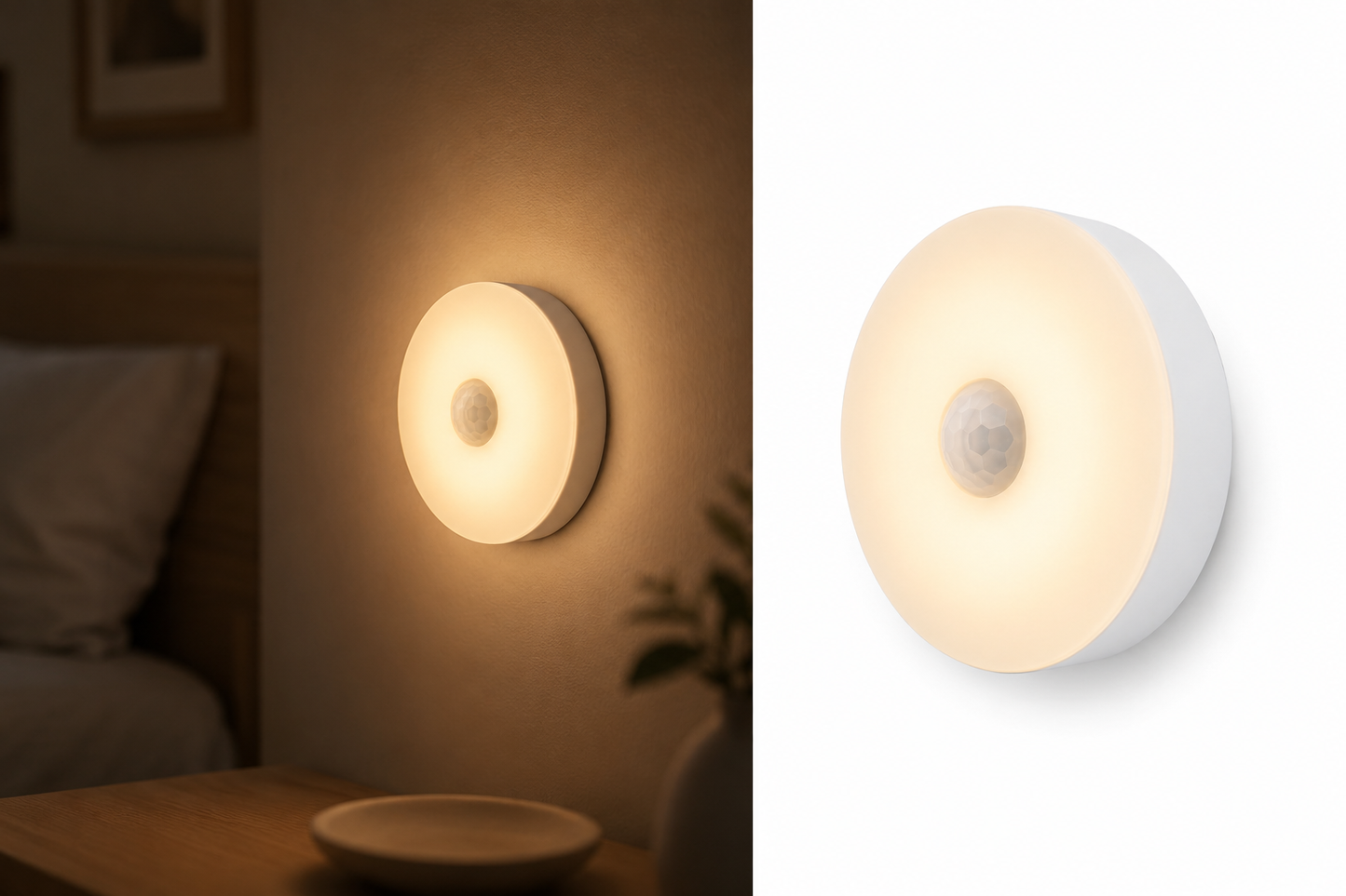 Veilleuse ronde LED blanc chaud avec détecteur de mouvement fixée dans une chambre cosy, fond blanc