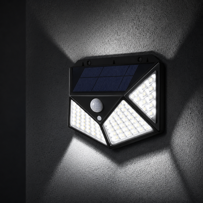 lampe solaire 4 faces gros plan capteur PIR LED extérieur