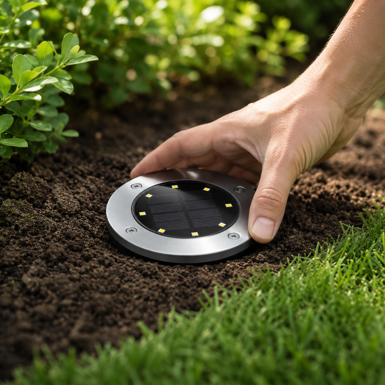 installation spot solaire disque jardin sol terre